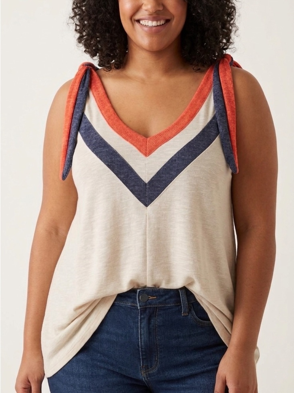Sugarfox Cream Red Blue Chevron Colorblock Tank Top with Shoulder Ties Size 1XL